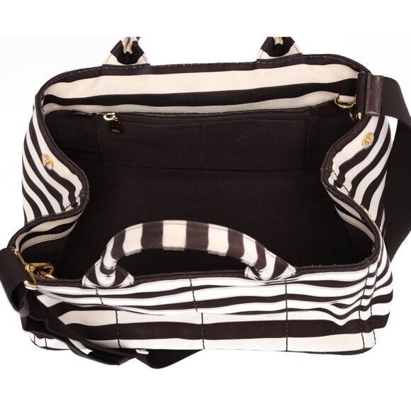PRADA Canapa Large Canvas Tote Bag Brown White Stripe Shoulder Bag - Picture 13 of 16